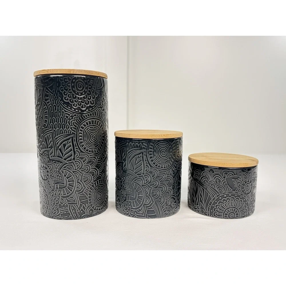 Atelier Ceramic Kitchen Canister Set 3 Piece Blue Embossed Floral Wood Lids